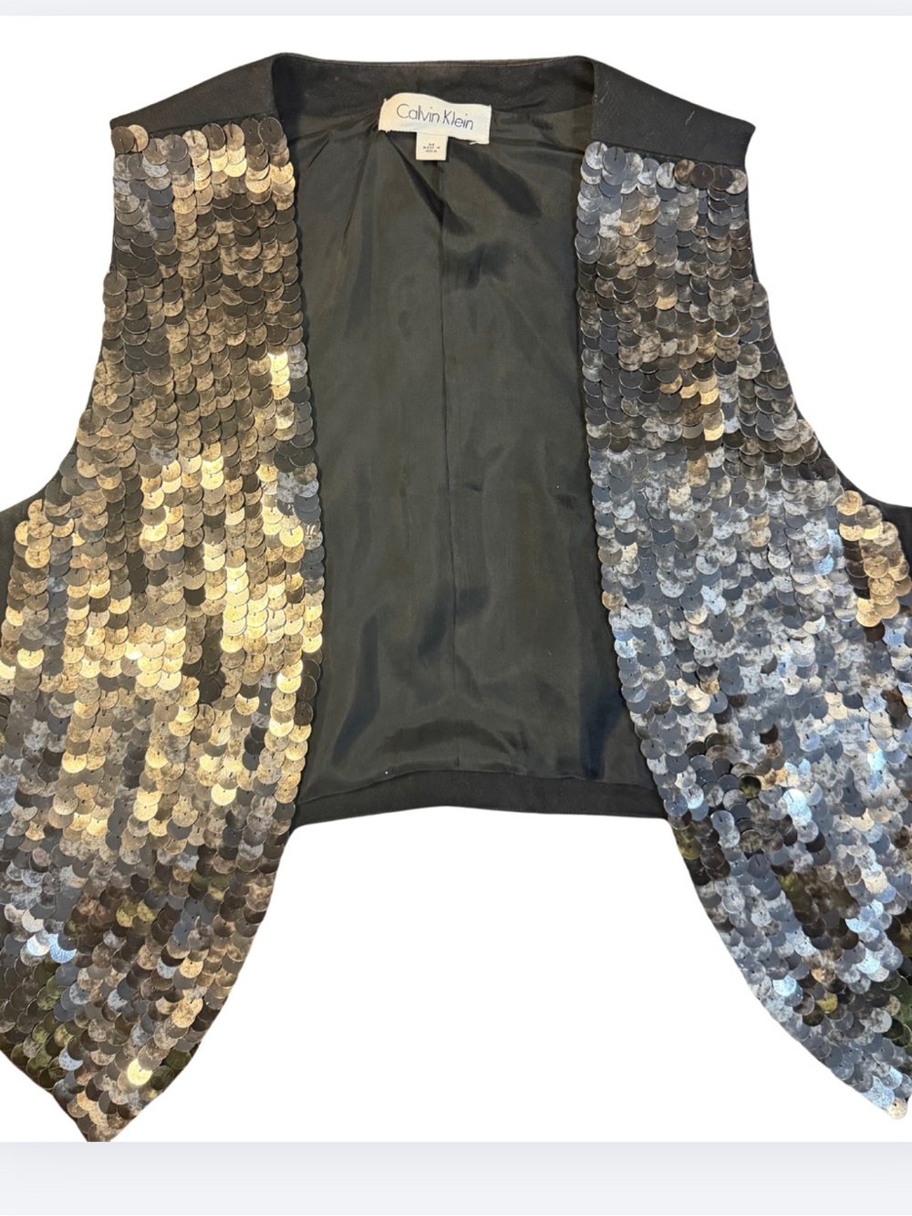 Calvin Klein Paillette Sequin Tuxedo Vest Black Metallic Size M